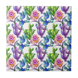Azulejo De Cerâmica Teste padrão do cacto do Wildflower da aguarela