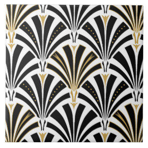 Azulejo De Cerâmica Teste padrão do fã do art deco - preto e branco