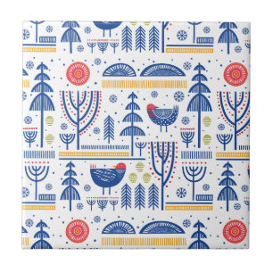 Azulejo De Cerâmica Teste padrão do pássaro do inverno da arte popul