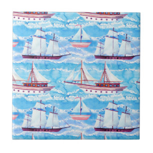 Azulejo De Cerâmica Teste padrão dos navios de navigação da aguarel