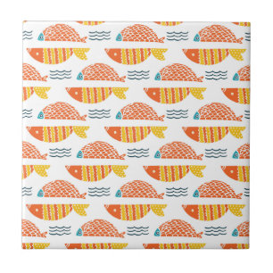 Azulejo De Cerâmica Teste padrão dos peixes da natação da arte popu