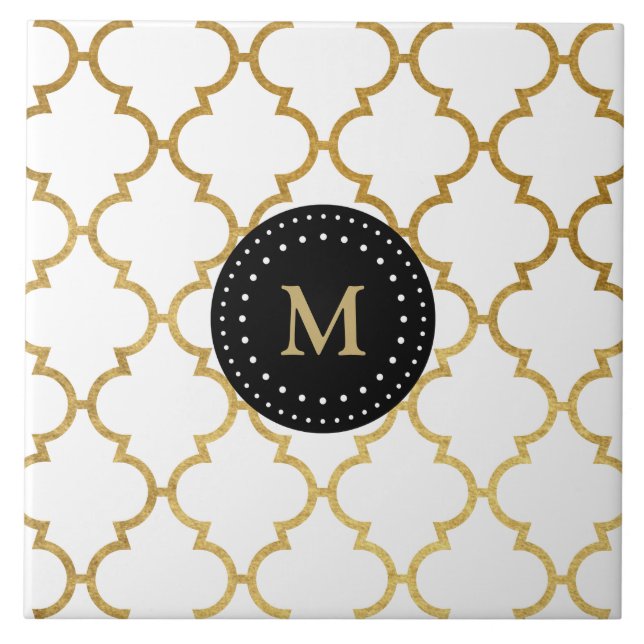 Azulejo De Cerâmica Teste padrão Dourado preto branco de Quatrefoil (Frente)