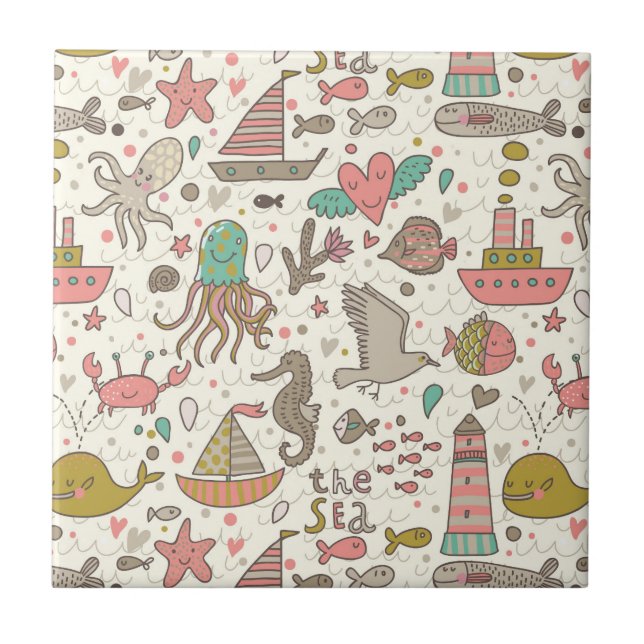 Azulejo De Cerâmica Teste padrão engraçado do verão com navios (Frente)