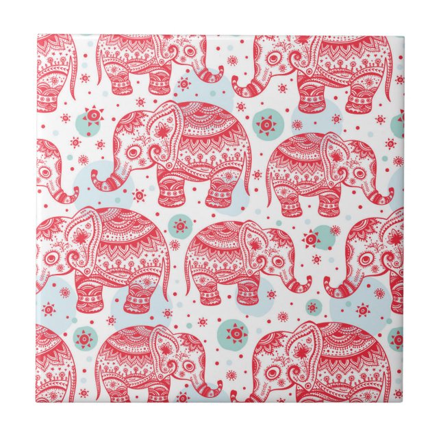 Azulejo De Cerâmica Teste padrão étnico vermelho do elefante (Frente)