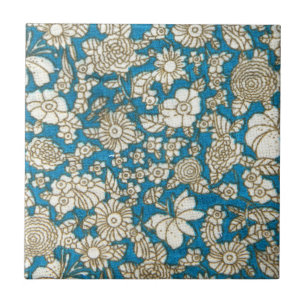 Azulejo De Cerâmica Teste padrão floral azul bonito de matéria têxt