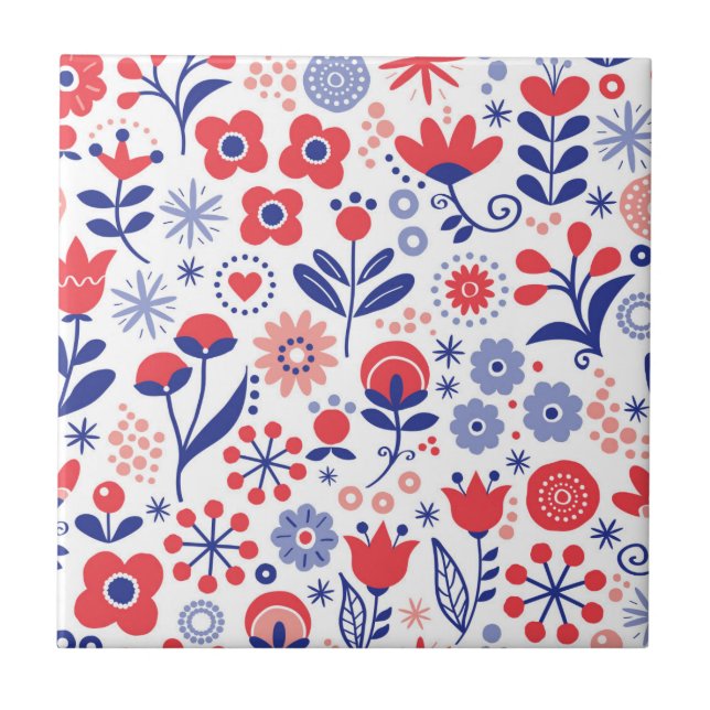 Azulejo De Cerâmica Teste padrão floral azul & coral (Frente)