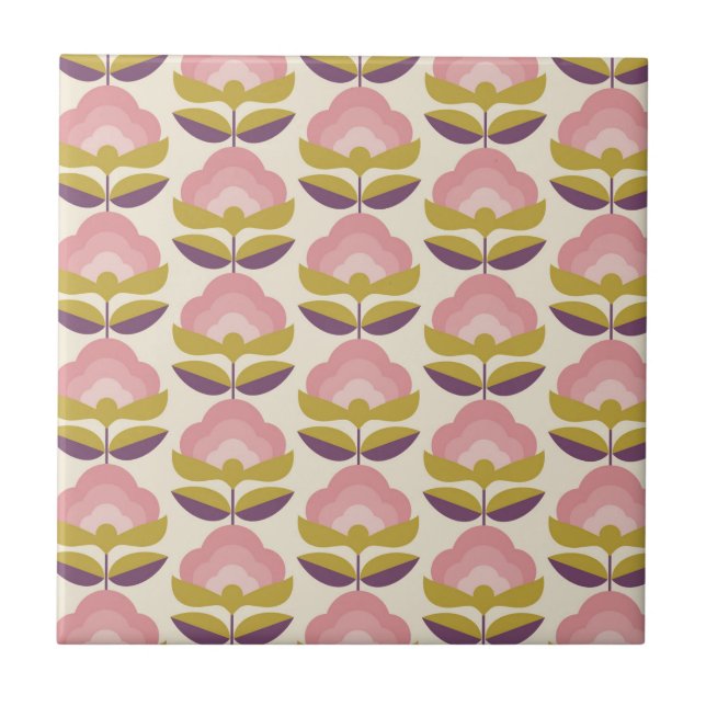 Azulejo De Cerâmica Teste padrão floral cor-de-rosa & roxo retro (Frente)