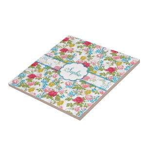 Azulejo De Cerâmica Teste padrão floral dos rosas na moda chiques
