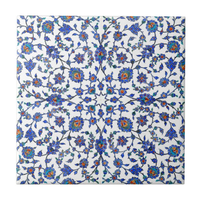 Azulejo De Cerâmica Teste padrão floral turco azul Handmade antigo dos (Frente)