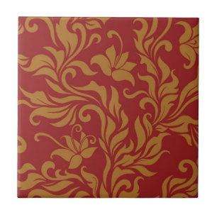 Azulejo De Cerâmica Teste padrão floral vermelho e Dourado