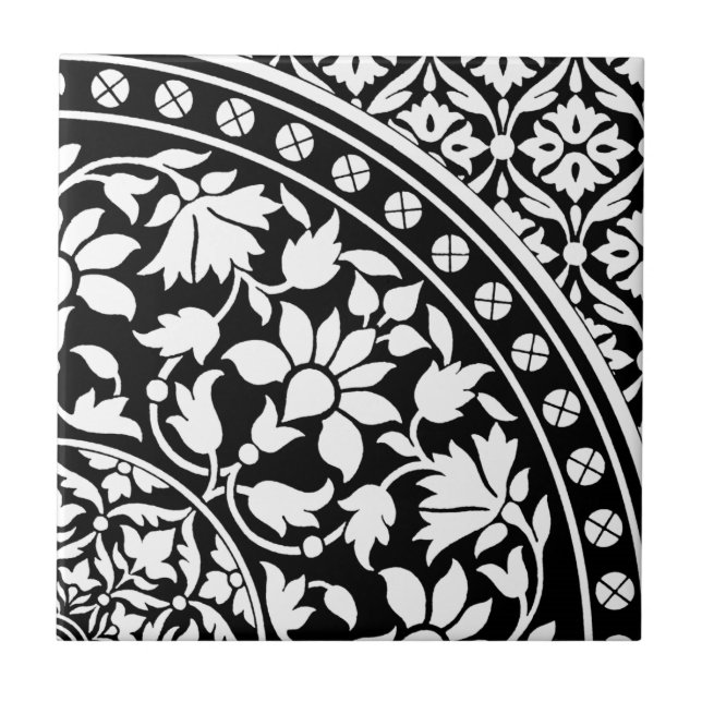 Azulejo De Cerâmica Teste padrão geométrico floral preto e branco (Frente)