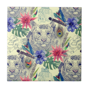 Azulejo De Cerâmica Teste padrão indiano do tigre do estilo do vintag
