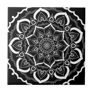Azulejo De Cerâmica Teste padrão preto chique boémio da mandala de