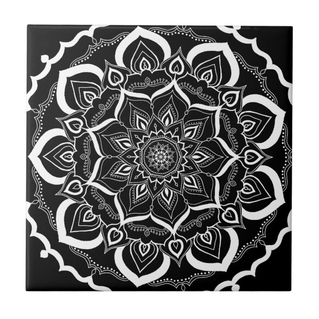 Azulejo De Cerâmica Teste padrão preto chique boémio da mandala de (Frente)