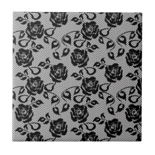 Azulejo De Cerâmica Teste padrão preto do laço no fundo branco