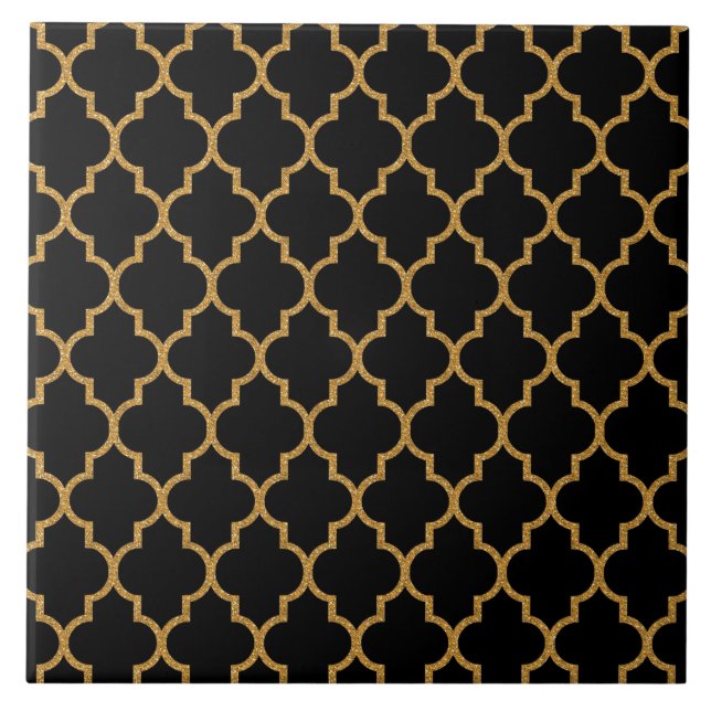 Azulejo De Cerâmica Teste padrão preto Dourado de Quatrefoil (Frente)