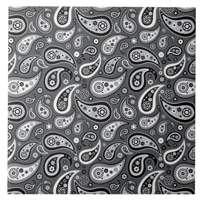 Azulejo De Cerâmica Teste padrão preto e cinzento retro de Paisley (Frente)