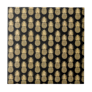 Azulejo De Cerâmica Teste padrão preto e Dourado tropical elegante do