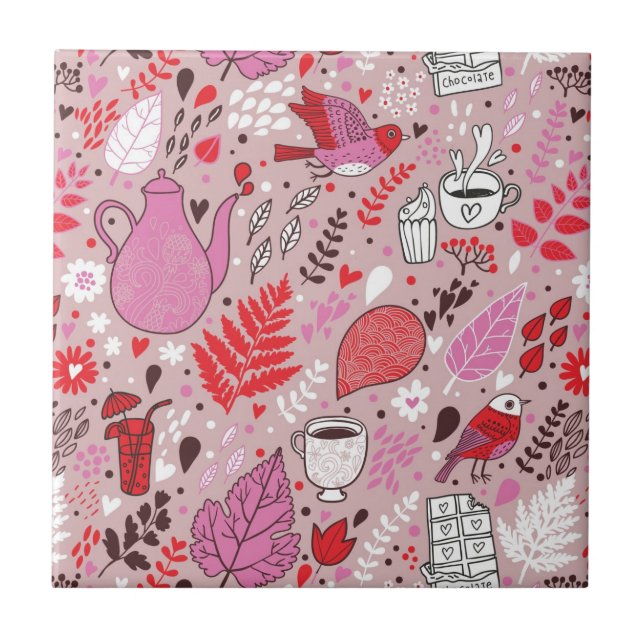 Azulejo De Cerâmica Teste padrão saboroso com pássaros e flores (Frente)