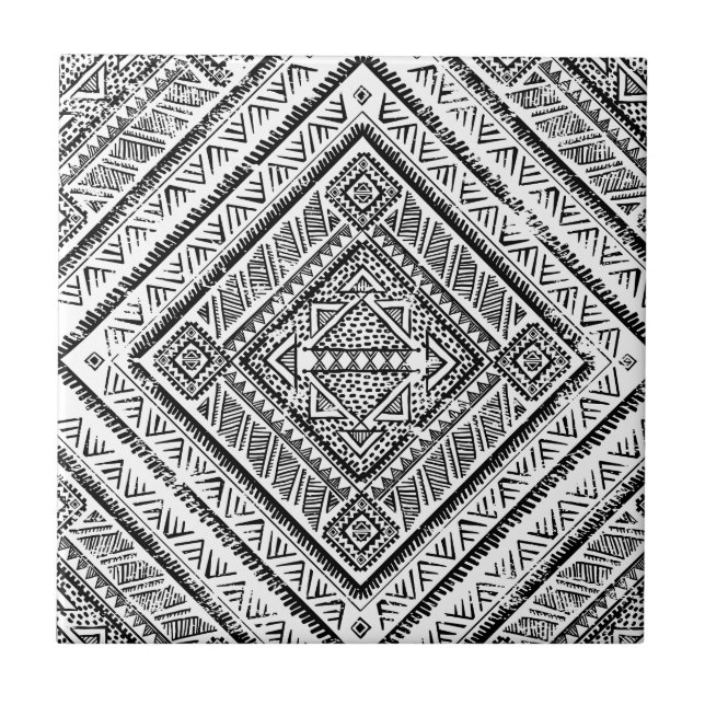 Azulejo De Cerâmica Teste padrão tribal asteca preto e branco legal (Frente)