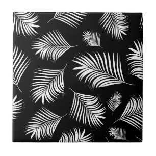 Azulejo De Cerâmica Teste padrão tropical branco preto em folha de