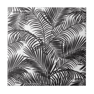 Azulejo De Cerâmica Teste padrão tropical preto moderno das palmeiras
