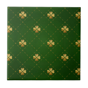 Azulejo De Cerâmica Teste padrão verde dourado do trevo
