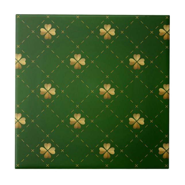 Azulejo De Cerâmica Teste padrão verde dourado do trevo (Frente)
