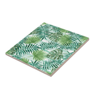 Azulejo De Cerâmica Teste padrão verde tropical chique retro da arte