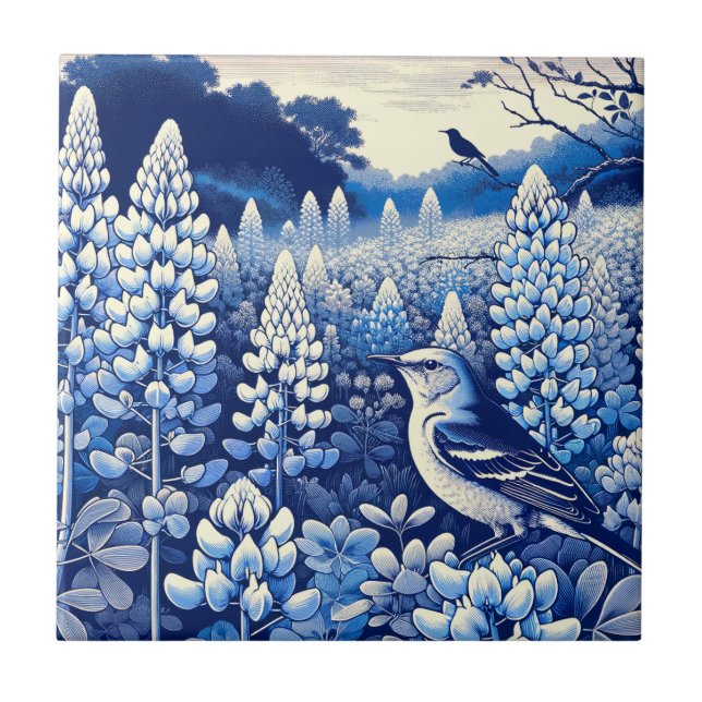 Azulejo De Cerâmica Texas Bluebonnets e Norte Mockingbird Texan (Frente)