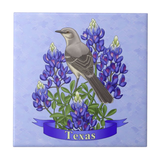 Azulejo De Cerâmica Texas State Mockingbird & Bluebonnet Flower (Frente)