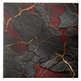 Azulejo De Cerâmica Textura de Pedra Rachada, Vermelho Preto & Dourado