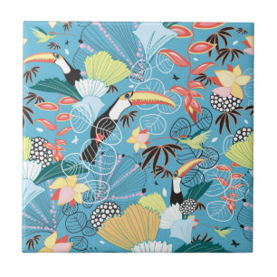 Azulejo De Cerâmica Textura tropical com Toucans e colibris