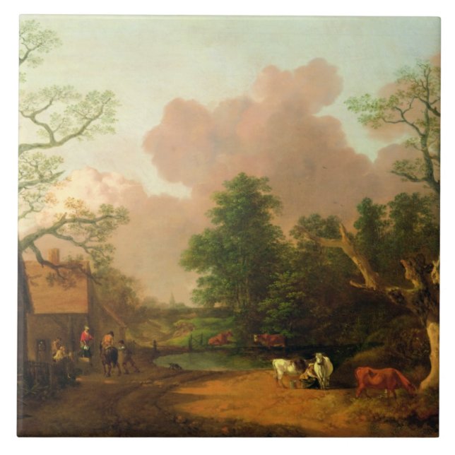 Azulejo De Cerâmica Thomas Gainsborough | uma paisagem com figuras, Fa (Frente)