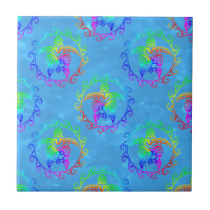 Azulejo De Cerâmica Tie Dye Tribal Turtle Moari Sun Light Blue