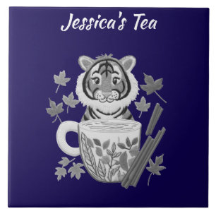 Azulejo De Cerâmica Tigre Adorável com Chá Herbal. Personalizar