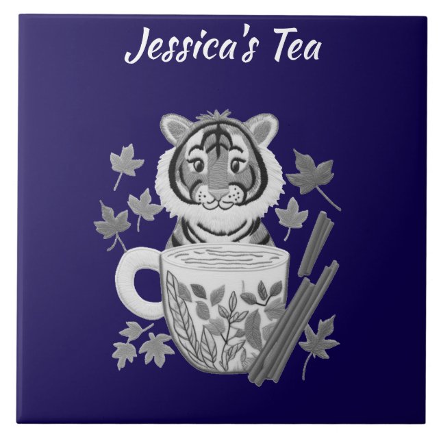 Azulejo De Cerâmica Tigre Adorável com Chá Herbal. Personalizar (Frente)