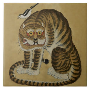 Azulejo De Cerâmica Tigre Agachado Minhwa com Pérola