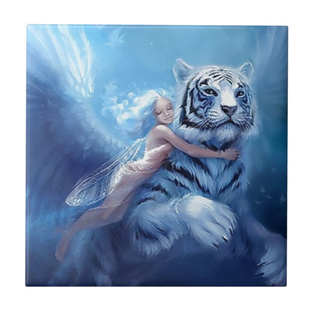 Azulejo De Cerâmica Tigre branco de voo com anjo (Frente)