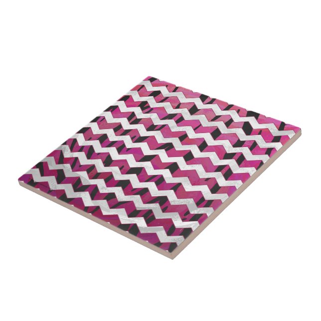 Azulejo De Cerâmica Tigre Chevron, Rosa Quente e Impressão Preto (Lateral)