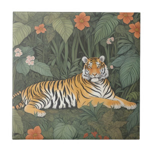 Azulejo De Cerâmica Tigre Floral na Selva Verde