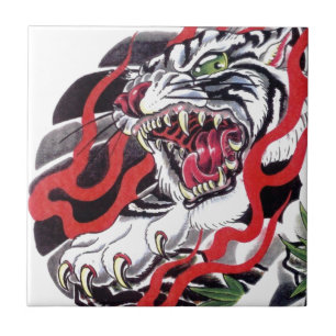 Azulejo De Cerâmica Tigre japonês do branco do projeto do tatuagem