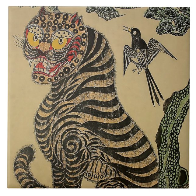 Azulejo De Cerâmica Tigre Listrado Coreano Minhwa (Frente)