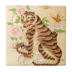 Azulejo De Cerâmica Tigre Listrado Coreano Minhwa Vintage