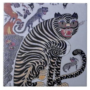 Azulejo De Cerâmica Tigre Minhwa Coreano com Três Filhotes