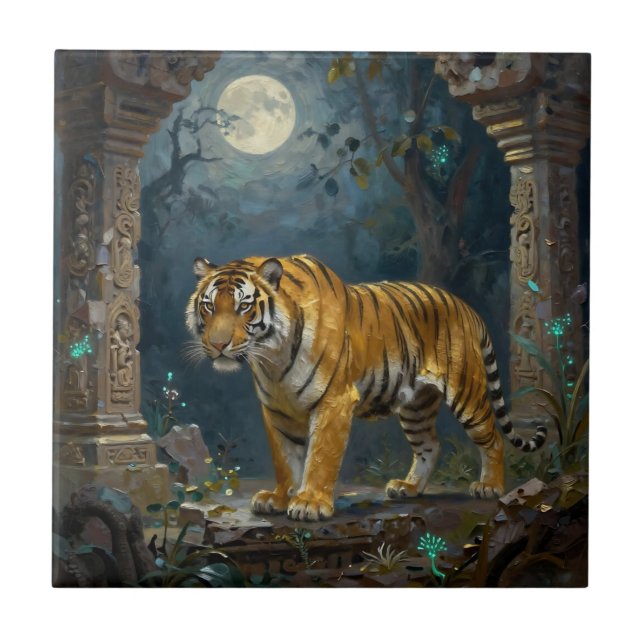 Azulejo De Cerâmica Tigre nas Dunas Antigas sob a Lua Cheia (Frente)