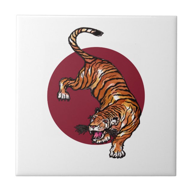Azulejo De Cerâmica Tigre no Círculo Vermelho (Frente)