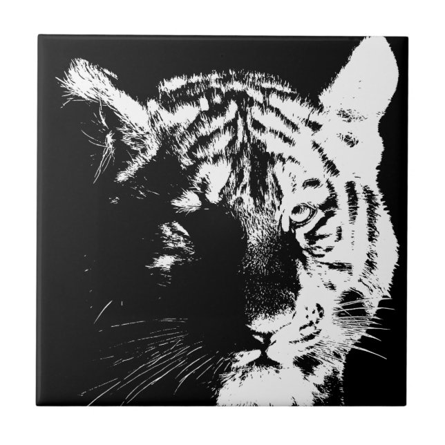Azulejo De Cerâmica Tigre Pop de Arte Preto e Branco (Frente)