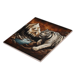 Azulejo De Cerâmica Tigre por rio na Cena de Montanha