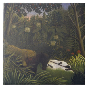 Azulejo De Cerâmica Tigre que ataca um cavalo e um homem negro de sono